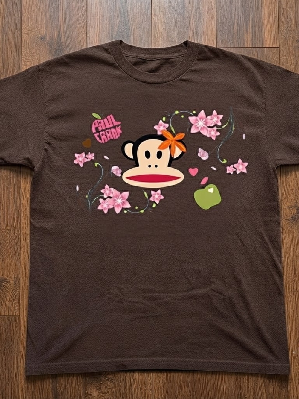 Dark chocolate shirt, Paul Frank monkey with floral graphic T-shirt